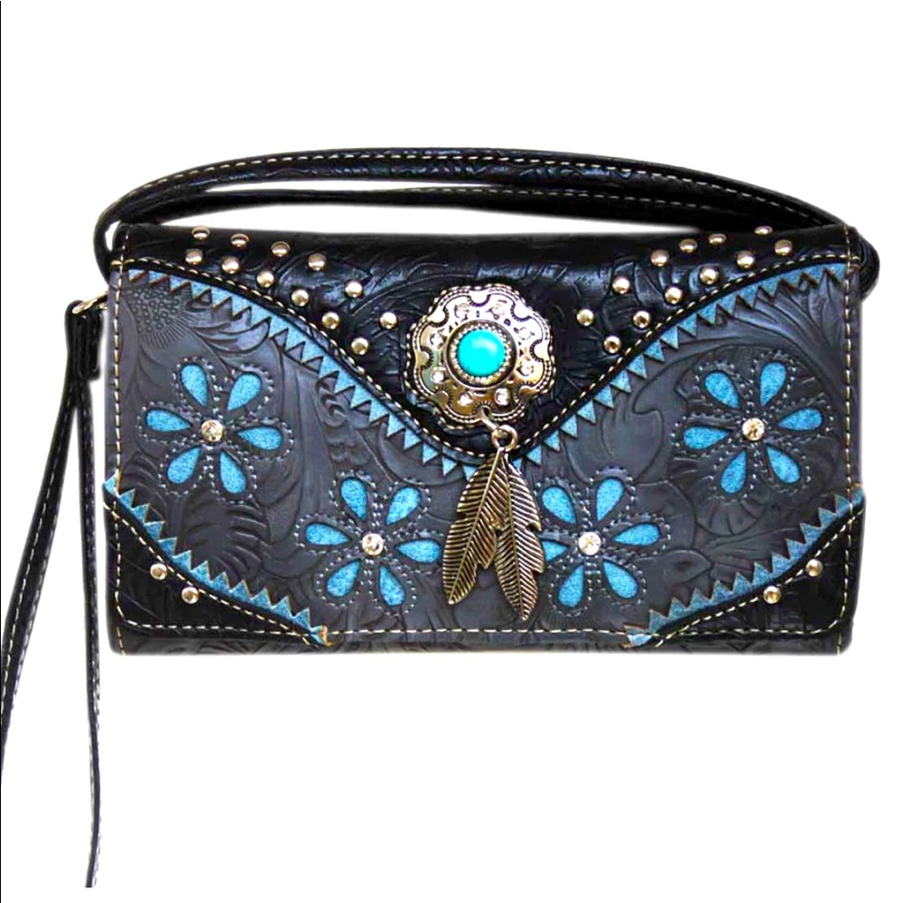 Multi Functional Western Concho Cut Out Trifold Clutch Crossbody Wallet